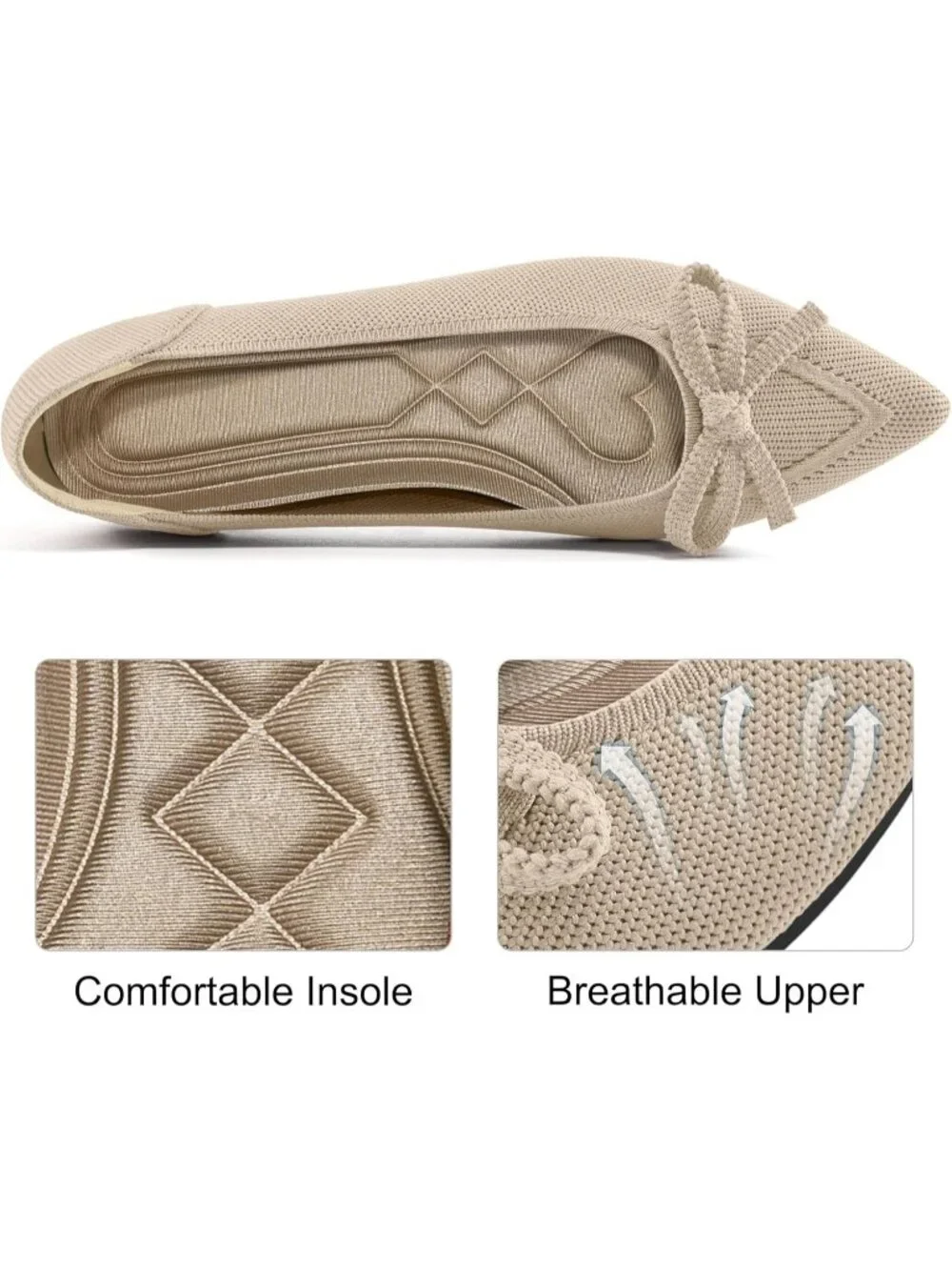Women's Beige Ballet Flats Shoes Dressy Pointed Toe Bow Knit Flats Comfortable